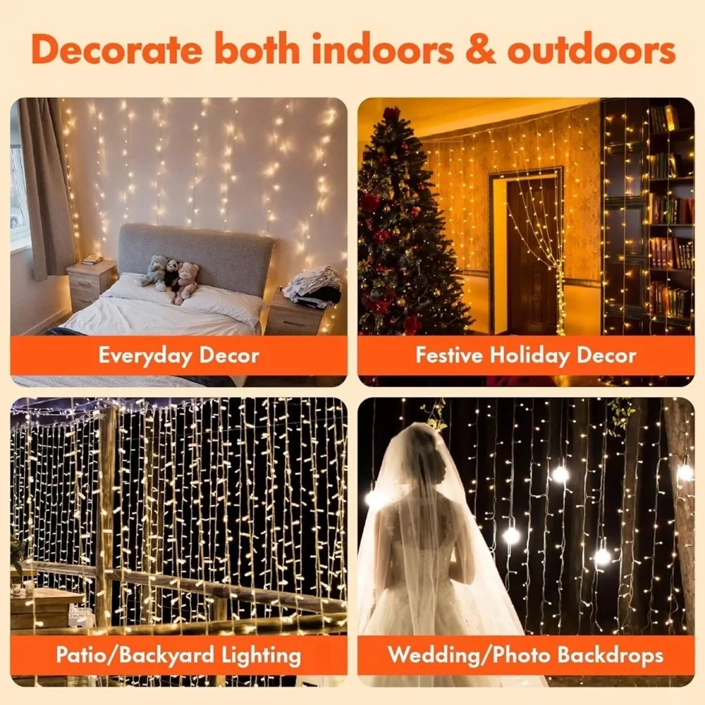 NEW Twinkle Star Curtain String Lights 300LED Indoor & Outdoor Use Warm White